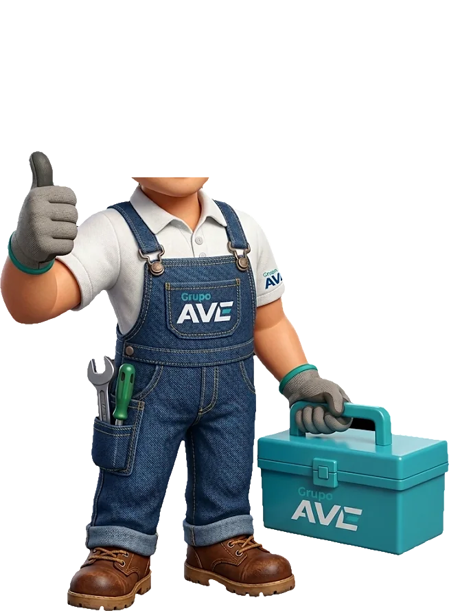 Técnico de Grupo AVE saludando con el pulgar arriba, con su caja de herramientas